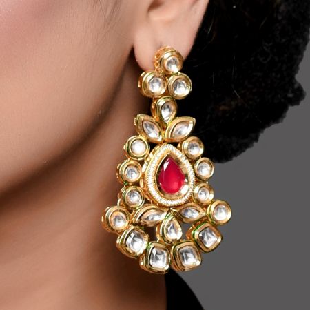 Floral Mirror Stone Statement Earrings with Ruby Accent